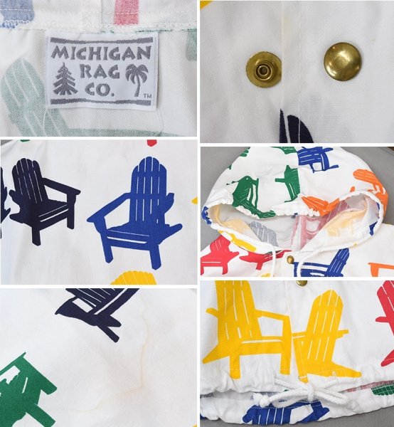 画像2: 【ビンテージ】【USA製】ミシガンラグ【MICHIGAN RAG CO.】【アディロンダックチェア】【総柄】【スナップボタン】【パーカー】【白】【サイズXL程度】  (2)