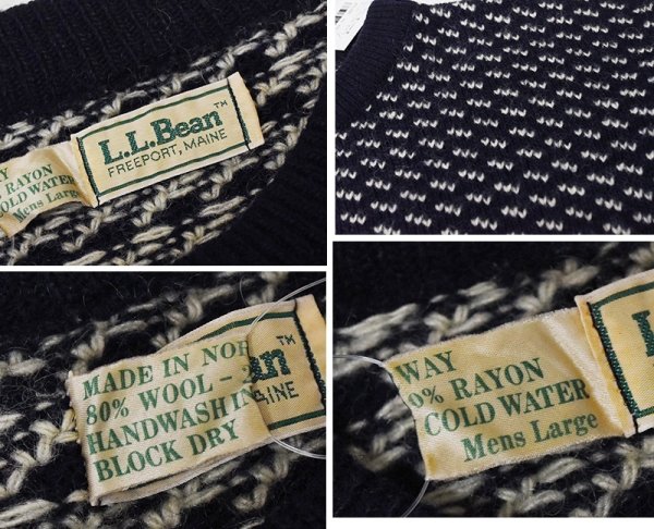 画像2: 【80’s】【ノルウェー製】ビンテージ【エルエルビーン】【L.L.Bean】【紺×白】【バーズアイ】【クルーネックウールニット】セーター【サイズL】 (2)