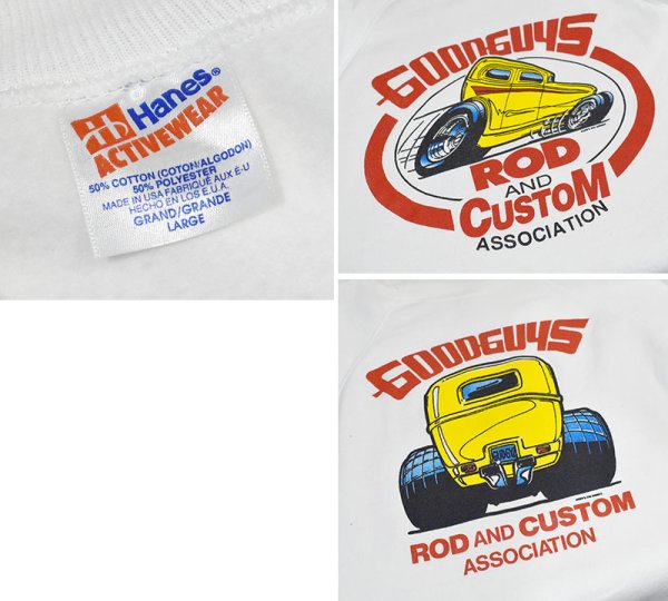 画像2: 【デッドストック】【90’s】【USA製】【ヘインズ】【Hanes】【Goodguys】【ROD AND CUSTOM ASSOCIATION】【ホットロッド】【両面プリント】【スウェット】【白】【サイズL】 (2)