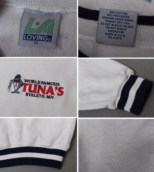 画像2: 【90’s】【ビンテージ】【USA製】【LOVING】【TUNA’S】【スウェット】天竺コットン【白×紺】【リブライン】【サイズXL】  (2)