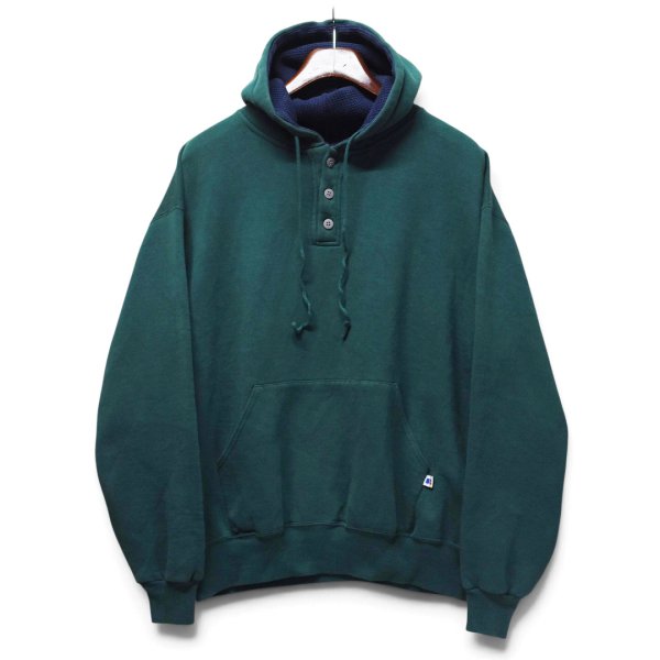 画像1: 【90’s】【ビンテージ】【USA製】【ラッセル】【Russell】【ヘンリーネックパーカー】【グリーン】【無地】【ワッフル裏地】【サイズXL】 (1)