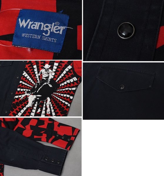 画像2: 【ラングラー】【Wrangler】【黒×赤】【カウボーイグラフィック】【ロデオ】【ウエスタンシャツ】【サイズL程度】  (2)