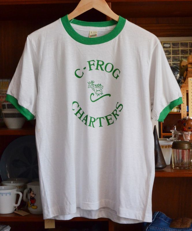 80 S ビンテージ ｕｓａ製 白 緑リンガーｔシャツ カエル ｔシャツ サイズｌ 八千代の古着屋