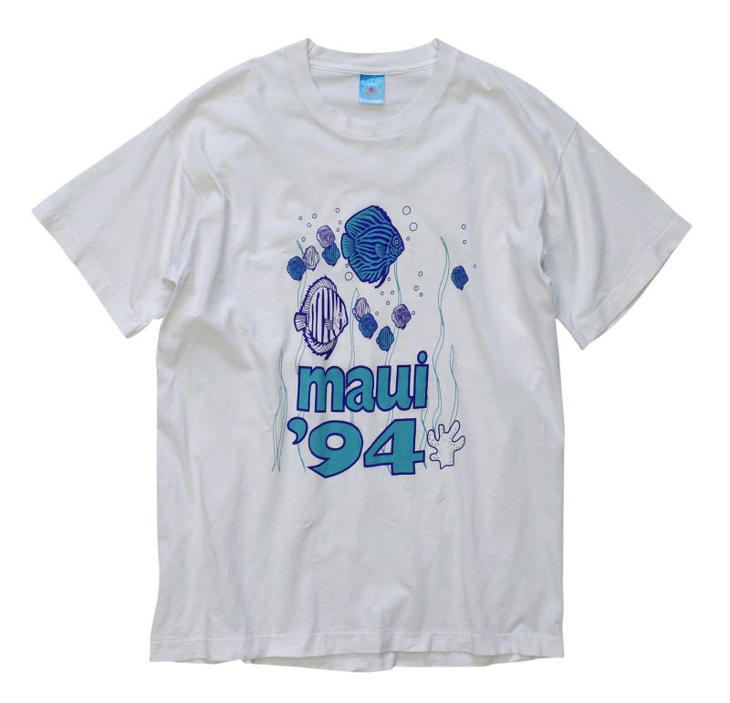 90's【USA製】【ビンテージ】【フルーツオブザルーム】【白】【maui】【魚】【Ｔシャツ】【サイズＬ】