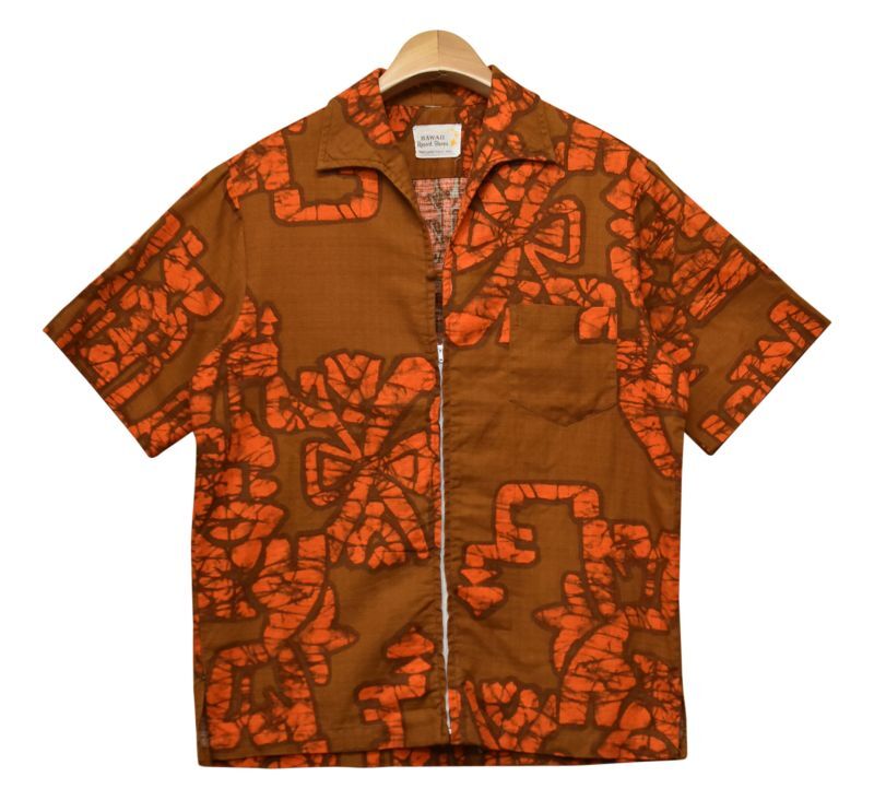 70s【USA製】【ビンテージ】ハワイ製【RESORT SHOPS】【ブラウン✕オレンジ】【フルジップアロハシャツ】半袖シャツ