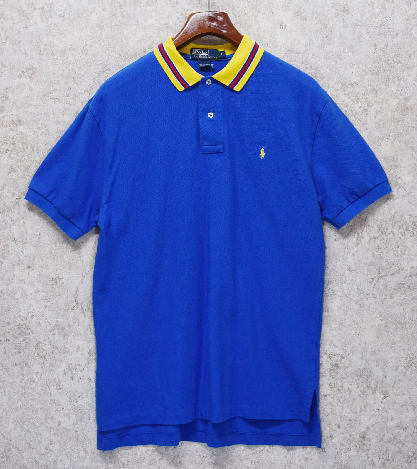 Polo Ralph Lauren 青 ポロシャツ 90's【ラルフローレン】POLO RALPH LAUREN 【青×黄色襟】【無地